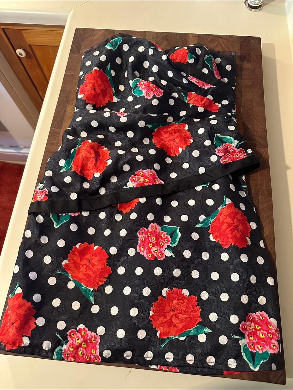 Nancy Bracoloni Strapless Black Polka Dot Dress with Red Floral Print